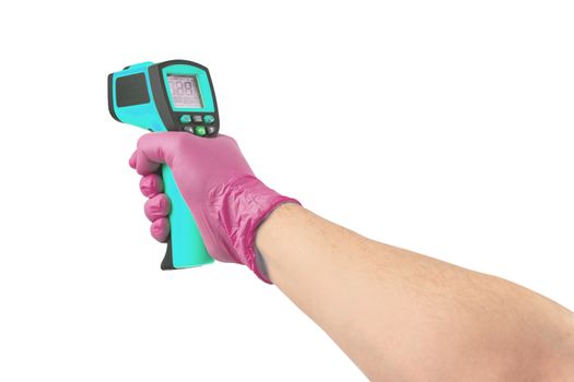 hand in purple medical latex glove aiming with cyan infrared contactless thermometer isolated on white background, mockup display state with all symbols on.