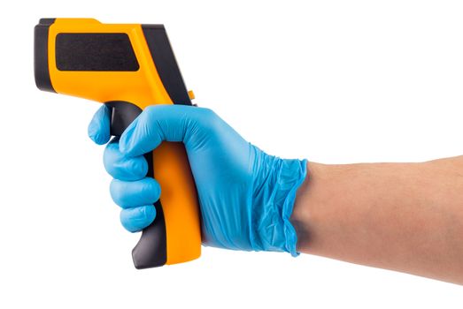 a side view of caucasian hand in blue medical latex glove aiming with infrared contactless thermometer isolated on white background