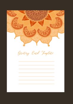 Mandala vintage template card in arabic and indian, islam and ottoman, turkish, asian style for brochure, flyer, greeting, invitation card, cover. Format A4. Floral holiday ornamental design. Vector