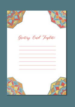 Mandala vintage template card in arabic and indian, islam and ottoman, turkish, asian style for brochure, flyer, greeting, invitation card, cover. Format A4. Floral holiday ornamental design. Vector