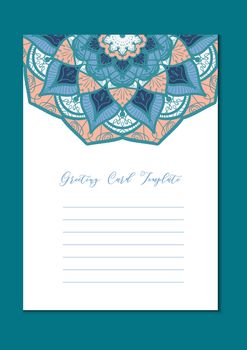 Mandala vintage template card in arabic and indian, islam and ottoman, turkish, asian style for brochure, flyer, greeting, invitation card, cover. Format A4. Floral holiday ornamental design. Vector