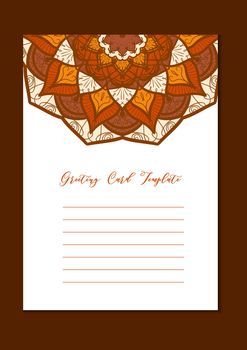 Mandala vintage template card in arabic and indian, islam and ottoman, turkish, asian style for brochure, flyer, greeting, invitation card, cover. Format A4. Floral holiday ornamental design. Vector