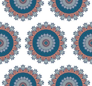 Hand drawn Mandala Seamless Pattern. Arabic, indian, turkish and ottoman culture decoration style. Ethnic ornamental background. Magic vintage template of greeting, card, print, cloth, tattoo. Vector