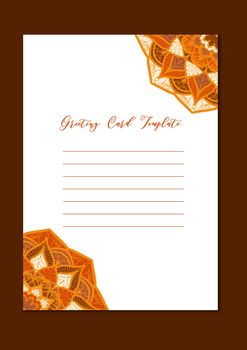 Mandala vintage template card in arabic and indian, islam and ottoman, turkish, asian style for brochure, flyer, greeting, invitation card, cover. Format A4. Floral holiday ornamental design. Vector