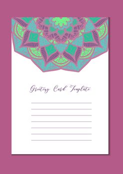 Mandala vintage template card in arabic and indian, islam and ottoman, turkish, asian style for brochure, flyer, greeting, invitation card, cover. Format A4. Floral holiday ornamental design. Vector