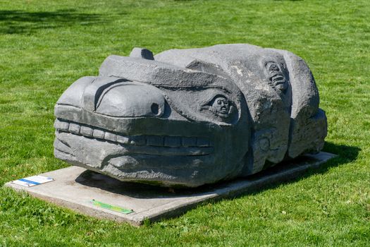 "Whistler, British Columbia/Canada - 08/07/2019: Whistler Grandfather Bear First Nations Art statue in Meadow Park in the summer sun"