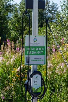"Whistler, British Columbia/Canada - 08/07/2019: Electric vehicle only charging station sign for environmentally friendly vehicles with a green grass and flower background."