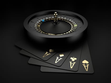 3d Rendering of Black Casino Roulette Wheel with a blue ball and gold play carts, clipping path included.