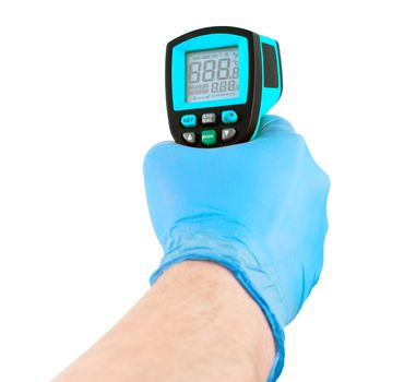 hand in blue medical latex glove aiming with infrared contactless thermometer isolated on white background, mockup display state with all symbols on.