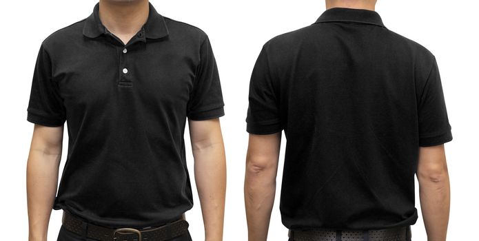 Black blank polo t-shirt on human body for graphic design mock up