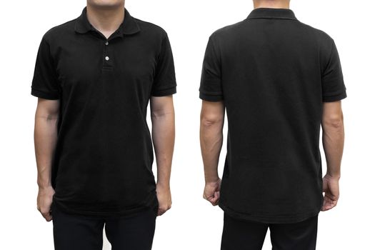 Black blank polo t-shirt on human body for graphic design mock up