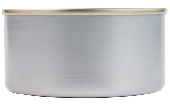 closed tin can with pull tab ring lid opener isolated on white background with edge-to-edge sharpness