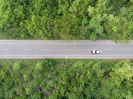 Aerial view of the road passing the forest  with a car passing by