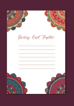 Mandala vintage template card in arabic and indian, islam and ottoman, turkish, asian style for brochure, flyer, greeting, invitation card, cover. Format A4. Floral holiday ornamental design. Vector