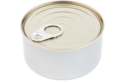 closed tin can with pull tab ring lid opener isolated on white background with edge-to-edge sharpness