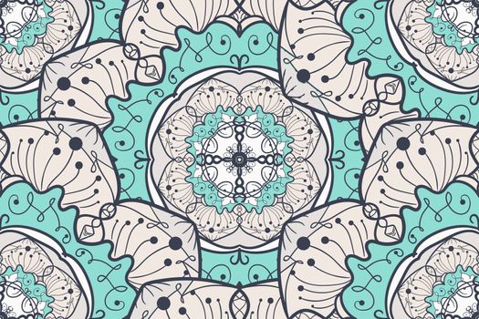 Hand drawn Mandala Seamless Pattern. Arabic, indian, turkish and ottoman culture decoration style. Ethnic ornamental background. Magic vintage template of greeting, card, print, cloth, tattoo. Vector