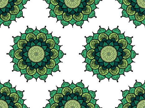 Hand drawn Mandala Seamless Pattern. Arabic, indian, turkish and ottoman culture decoration style. Ethnic ornamental background. Magic vintage template of greeting, card, print, cloth, tattoo. Vector