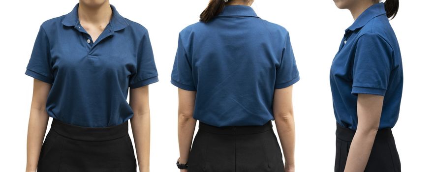 isolated blue polo shirt template on woman body for design concept