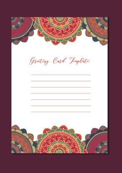 Mandala vintage template card in arabic and indian, islam and ottoman, turkish, asian style for brochure, flyer, greeting, invitation card, cover. Format A4. Floral holiday ornamental design. Vector