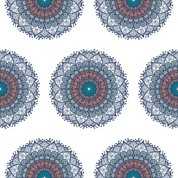 Hand drawn Mandala Seamless Pattern. Arabic, indian, turkish and ottoman culture decoration style. Ethnic ornamental background. Magic vintage template of greeting, card, print, cloth, tattoo. Vector