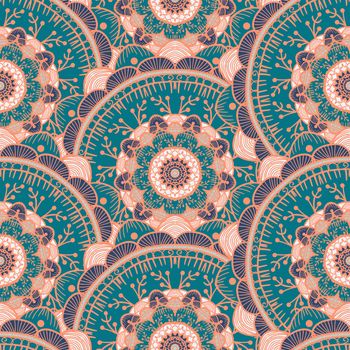Hand drawn Mandala Seamless Pattern. Arabic, indian, turkish and ottoman culture decoration style. Ethnic ornamental background. Magic vintage template of greeting, card, print, cloth, tattoo. Vector