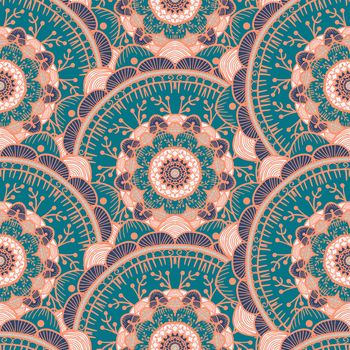 Hand drawn Mandala Seamless Pattern. Arabic, indian, turkish and ottoman culture decoration style. Ethnic ornamental background. Magic vintage template of greeting, card, print, cloth, tattoo. Vector