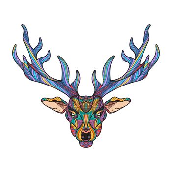 Deer bright colorful head with horns for t-shirt, tattoo, print, fabric, poster and illustrations. Vector