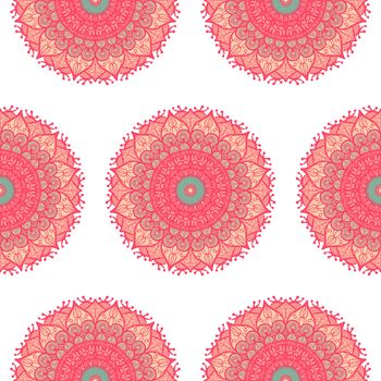 Hand drawn Mandala Seamless Pattern. Arabic, indian, turkish and ottoman culture decoration style. Ethnic ornamental background. Magic vintage template of greeting, card, print, cloth, tattoo. Vector