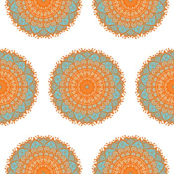 Hand drawn Mandala Seamless Pattern. Arabic, indian, turkish and ottoman culture decoration style. Ethnic ornamental background. Magic vintage template of greeting, card, print, cloth, tattoo. Vector