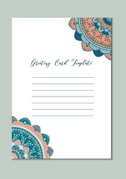 Mandala vintage template card in arabic and indian, islam and ottoman, turkish, asian style for brochure, flyer, greeting, invitation card, cover. Format A4. Floral holiday ornamental design. Vector