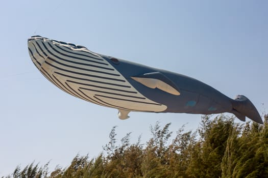 A kite shaped a whale floating in the sky.