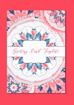 Mandala vintage template card in arabic and indian, islam and ottoman, turkish, asian style for brochure, flyer, greeting, invitation card, cover. Format A4. Floral holiday ornamental design. Vector
