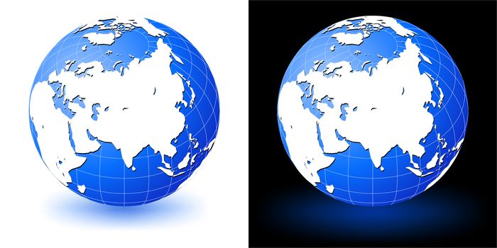 Illustration of earth globe on white and black backgrounds with glow shadow.