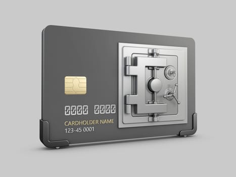 3d Rendering of Credit card with steel safe on gray background