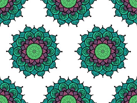 Hand drawn Mandala Seamless Pattern. Arabic, indian, turkish and ottoman culture decoration style. Ethnic ornamental background. Magic vintage template of greeting, card, print, cloth, tattoo. Vector