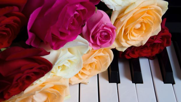 Bouquet of colorful roses on the piano keys. Red, pink, beige,Nude, ivory flowers. Celebration, congratulations, music, theater. international women's day, mother's day, romance, love,