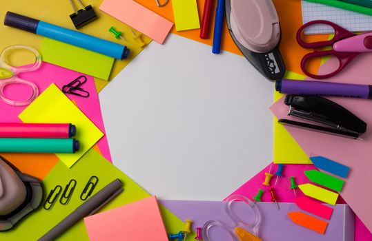 Colored stationery, Flat lay. Back to school. Copy Space. Frame, concept, art, handmade, project. Office, education.