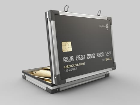 3d Rendering of Credit card in the form of a metallic case with gold bar.