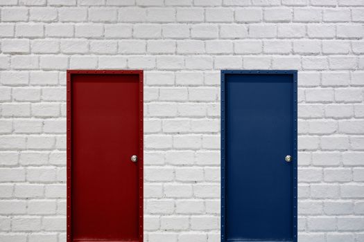 red and blue doors on white brick wall for business decision making concept