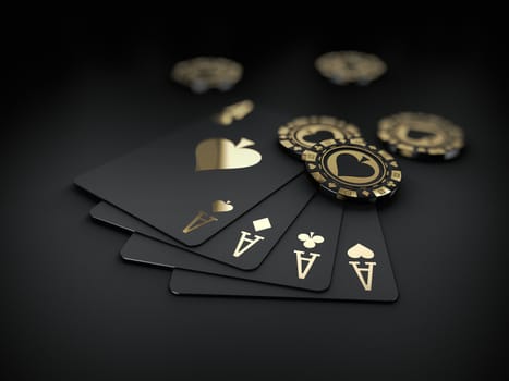 3d Rendering of casino gold chips and black play card, clipping path included.