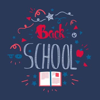 Vintage Back To School Lettering Banner. Knowledge day greeting card with book and pencil for print, t-shirt, badge, cloth, poster. Vector