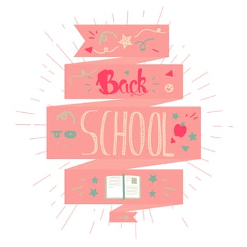 Vintage Back To School Lettering Banner. Knowledge day greeting card with book and pencil for print, t-shirt, badge, cloth, poster. Vector