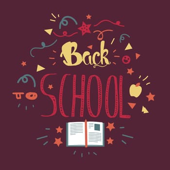 Vintage Back To School Lettering Banner. Knowledge day greeting card with book and pencil for print, t-shirt, badge, cloth, poster. Vector