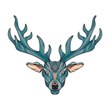 Deer bright colorful head with horns for t-shirt, tattoo, print, fabric, poster and illustrations. Vector