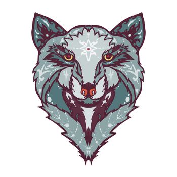 Illustration of isolated detailed wild wolf head in vintage and aztec style for textiles, print and tattoo. Line-art. Vector