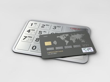 3d Rendering of credit card on the atm buttons. Business and finance, clipping path included.