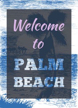 Vector tropical summer illustration with palm tree and islands. Welcome to palm beach. Vector