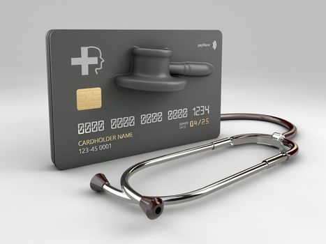 3d rendering of credit card with stethoscope. The concept of paid medicine
