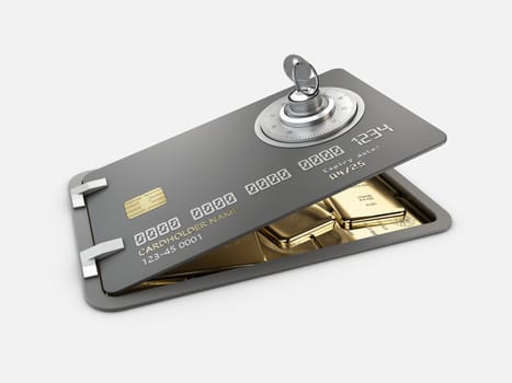 3d Rendering of Opened Credit Card with gold bars, Card Protection concept, clipping path included.