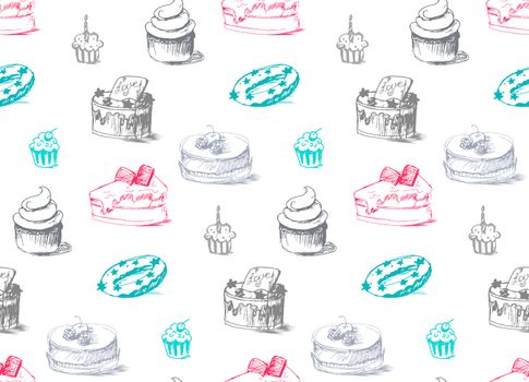 Tasty Cakes Seamless Pattern. Cream Food Background. Bakery sticker and wrap, print and fabric. Candy, sweet wallpaper. Vector